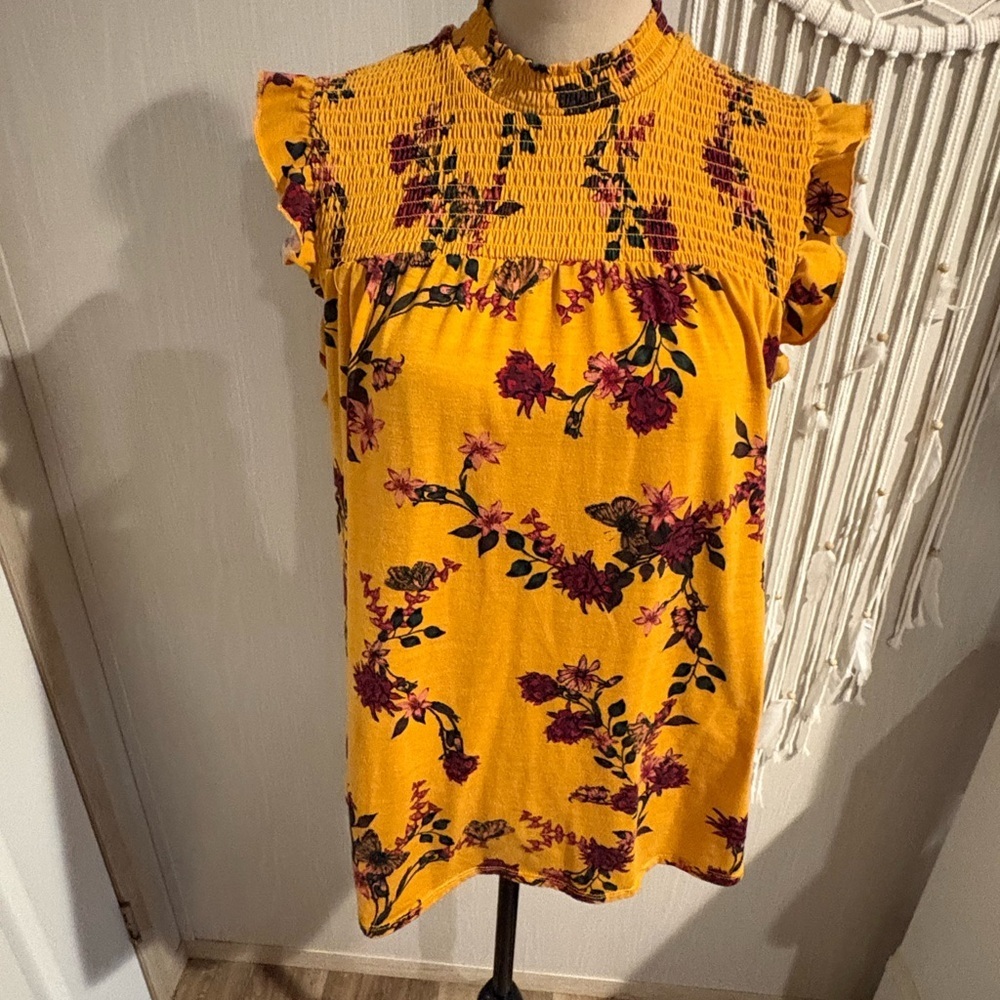 Floral Yellow Blouse with Ruffle Sleeves